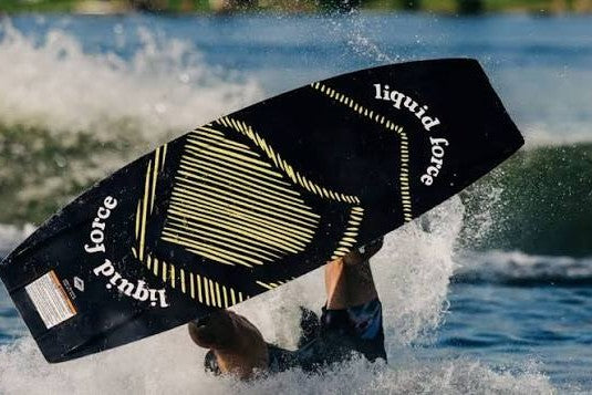 Liquid Force wakeboard on edge, base to the camera