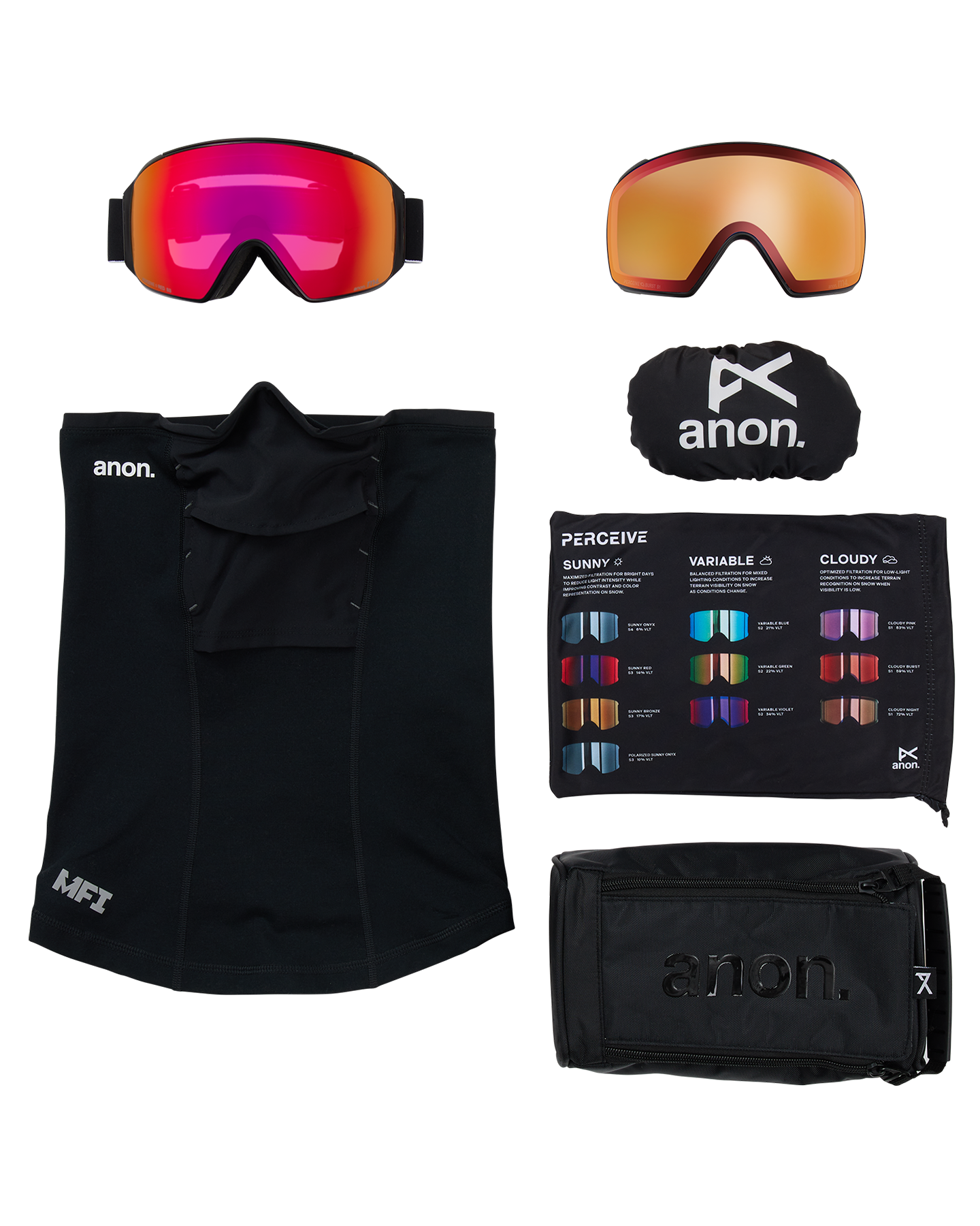 Anon M4 (Toric) Low Bridge Snow Goggles + Bonus Lens + MFI® Face Mask - Black/Perceive Sunny Red Unisex Snow Goggles - Trojan Wake Ski Snow