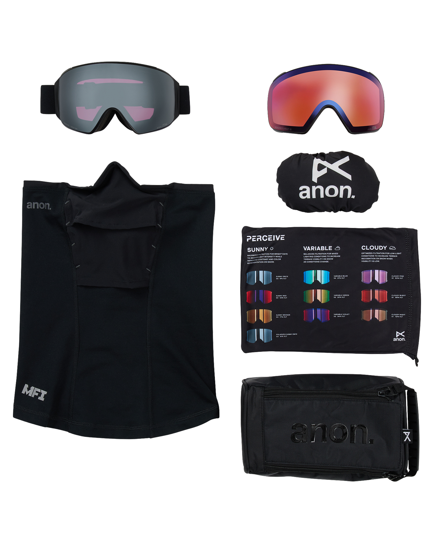 Anon M4 (Toric) Low Bridge Snow Goggles + Bonus Lens + MFI® Face Mask - Smoke/Perceive Sunny Onyx Unisex Snow Goggles - Trojan Wake Ski Snow