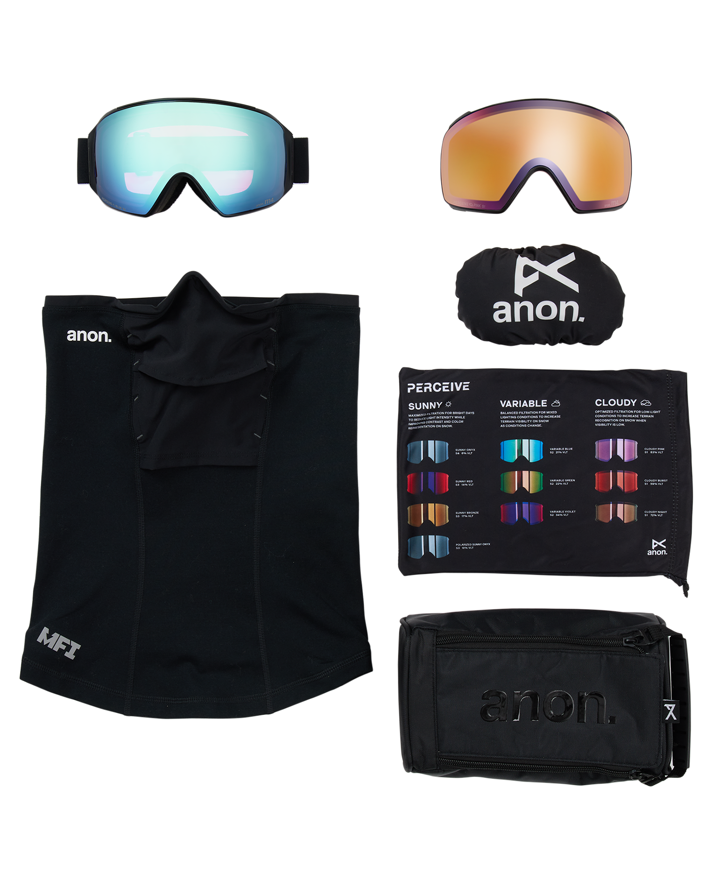 Anon M4 (Toric) Low Bridge Snow Goggles + Bonus Lens + MFI® Face Mask - Black/Perceive Variable Blue Unisex Snow Goggles - Trojan Wake Ski Snow