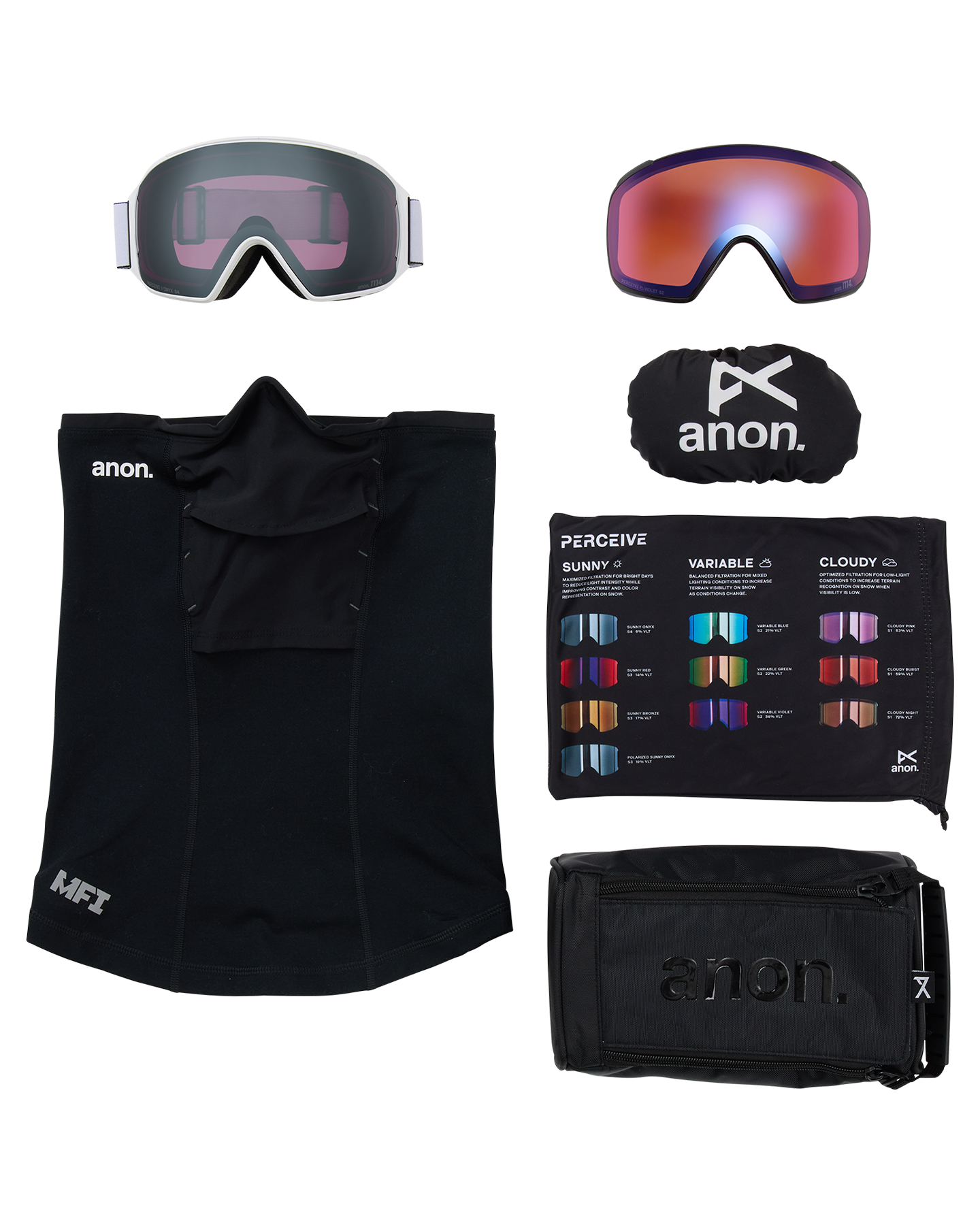 Anon M4 (Toric) Low Bridge Snow Goggles + Bonus Lens + MFI® Face Mask - White/Perceive Sunny Onyx Unisex Snow Goggles - Trojan Wake Ski Snow