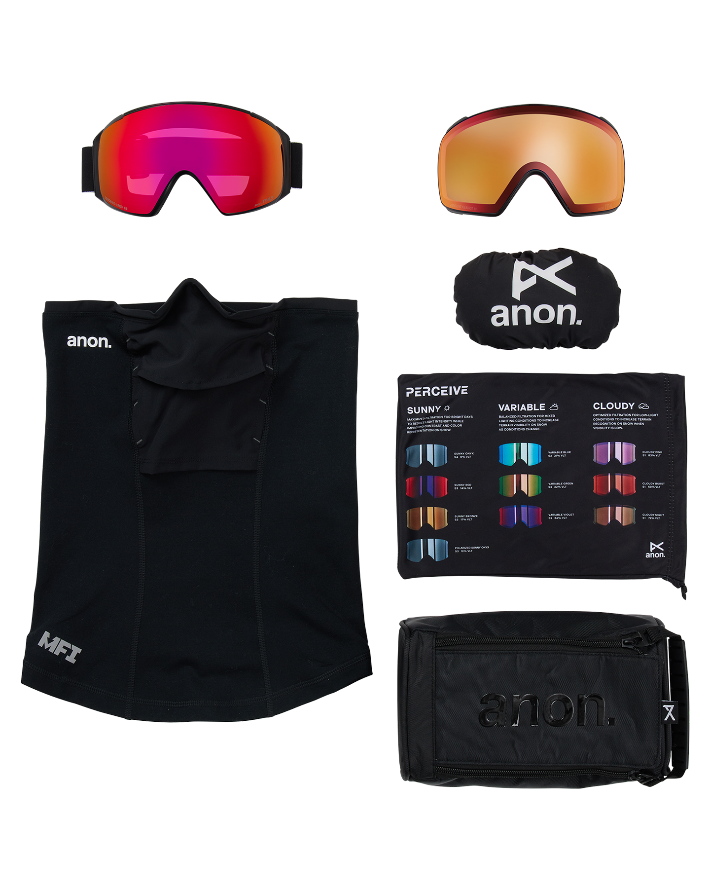 Anon M4S (Toric) Low Bridge Snow Goggles + Bonus Lens + MFI® Face Mask - Black/Perceive Sunny Red Unisex Snow Goggles - Trojan Wake Ski Snow