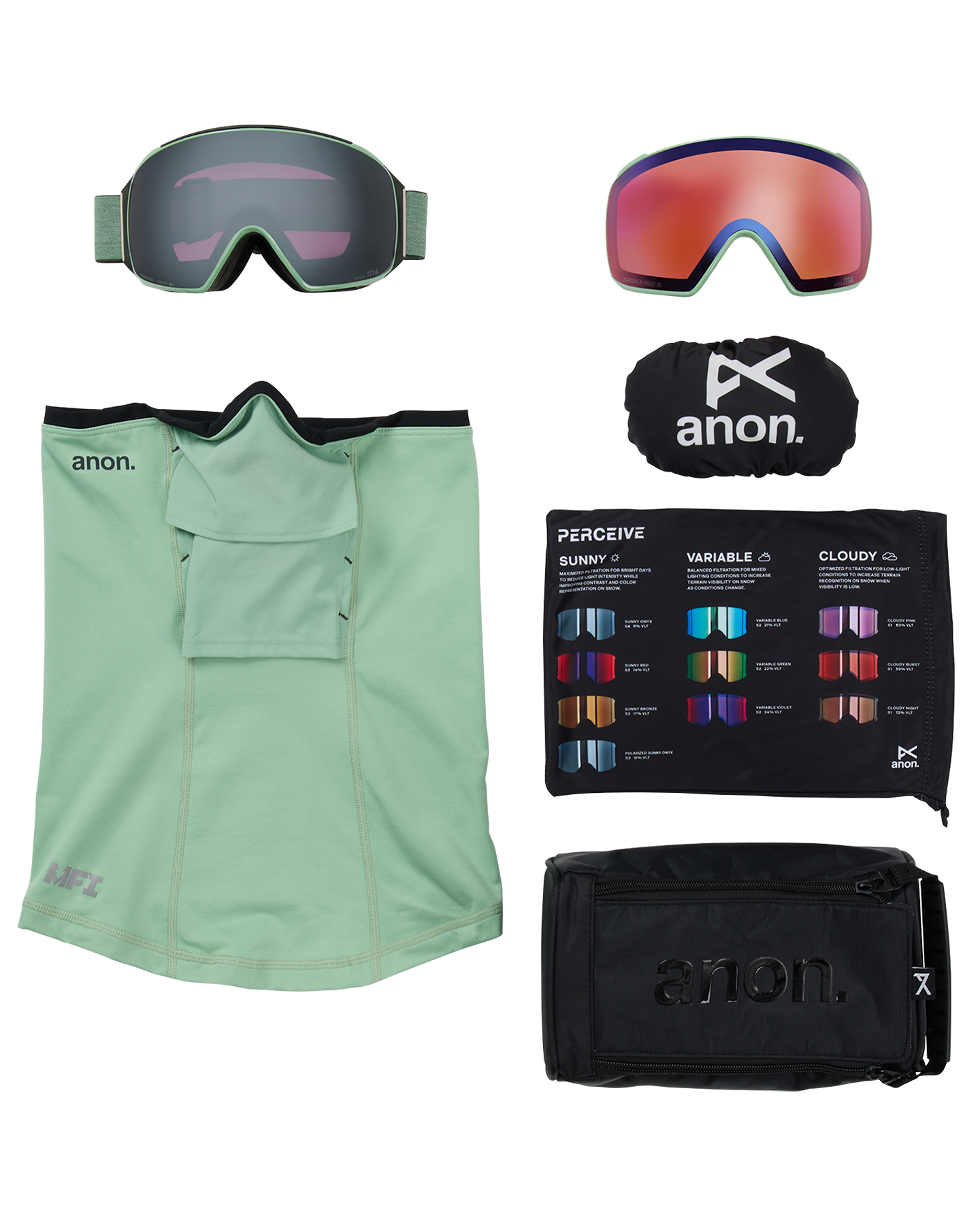 Anon M4 (Toric) Snow Goggles + Bonus Lens + MFI® Face Mask - Soft Sage/Perceive Sunny Onyx Unisex Snow Goggles - Trojan Wake Ski Snow
