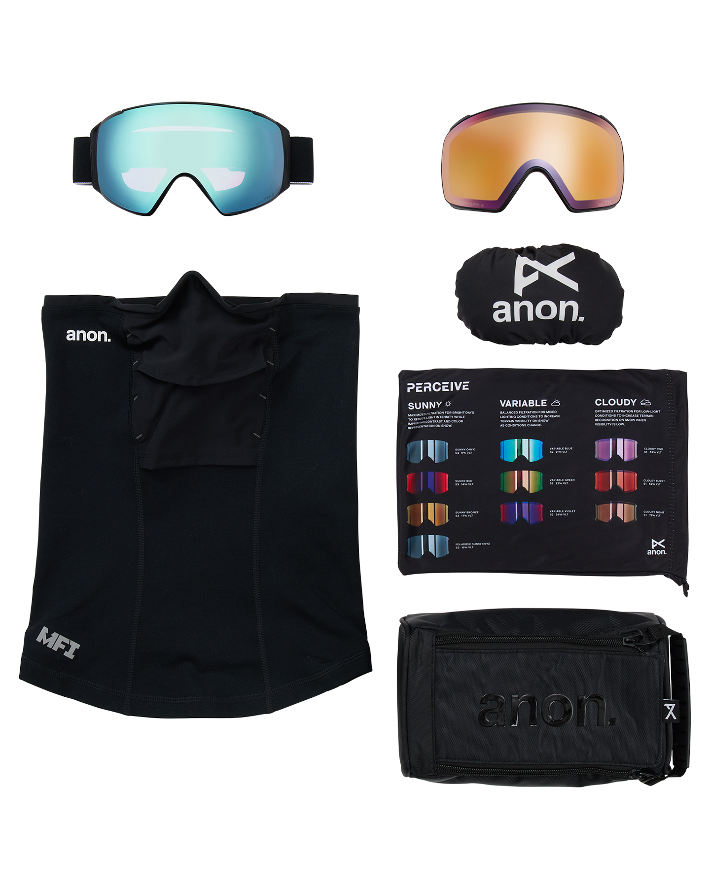 Anon M4S (Toric) Low Bridge Snow Goggles + Bonus Lens + MFI® Face Mask - Black/Perceive Variable Blue Unisex Snow Goggles - Trojan Wake Ski Snow