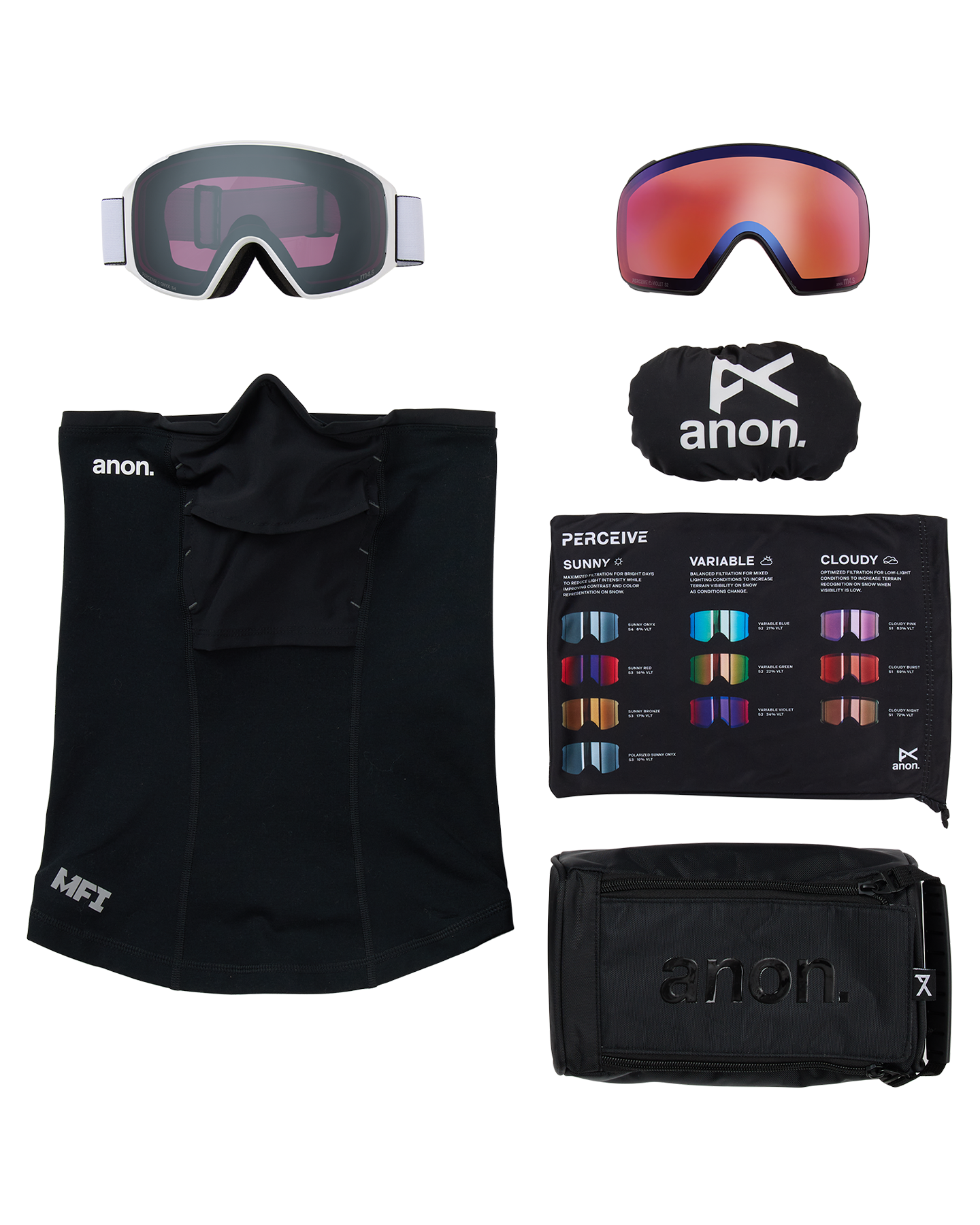 Anon M4S (Toric) Low Bridge Snow Goggles + Bonus Lens + MFI® Face Mask - White/Perceive Sunny Onyx Unisex Snow Goggles - Trojan Wake Ski Snow