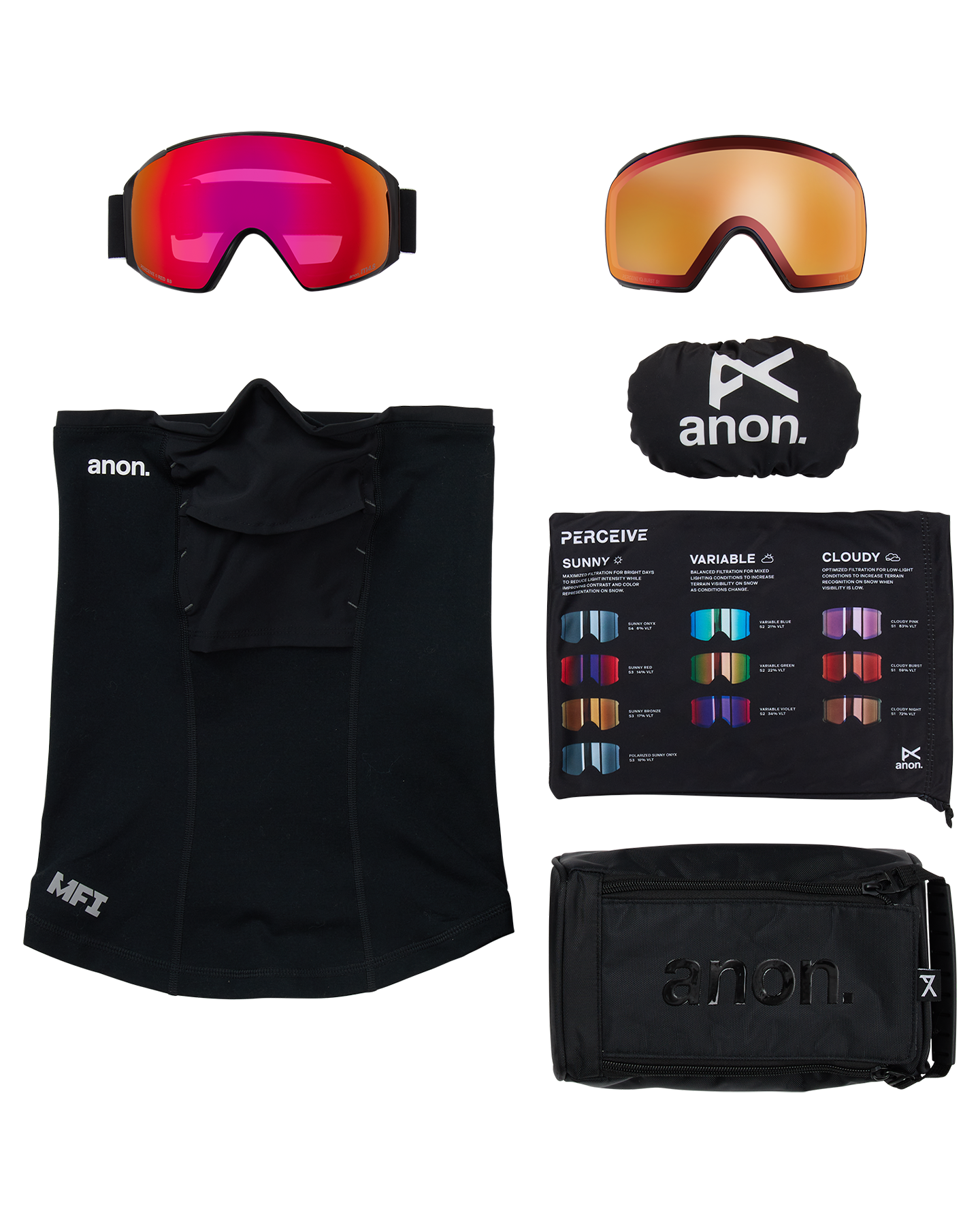 Anon M4S (Toric) Snow Goggles + Bonus Lens + MFI® Face Mask - Black/Perceive Sunny Red Unisex Snow Goggles - Trojan Wake Ski Snow