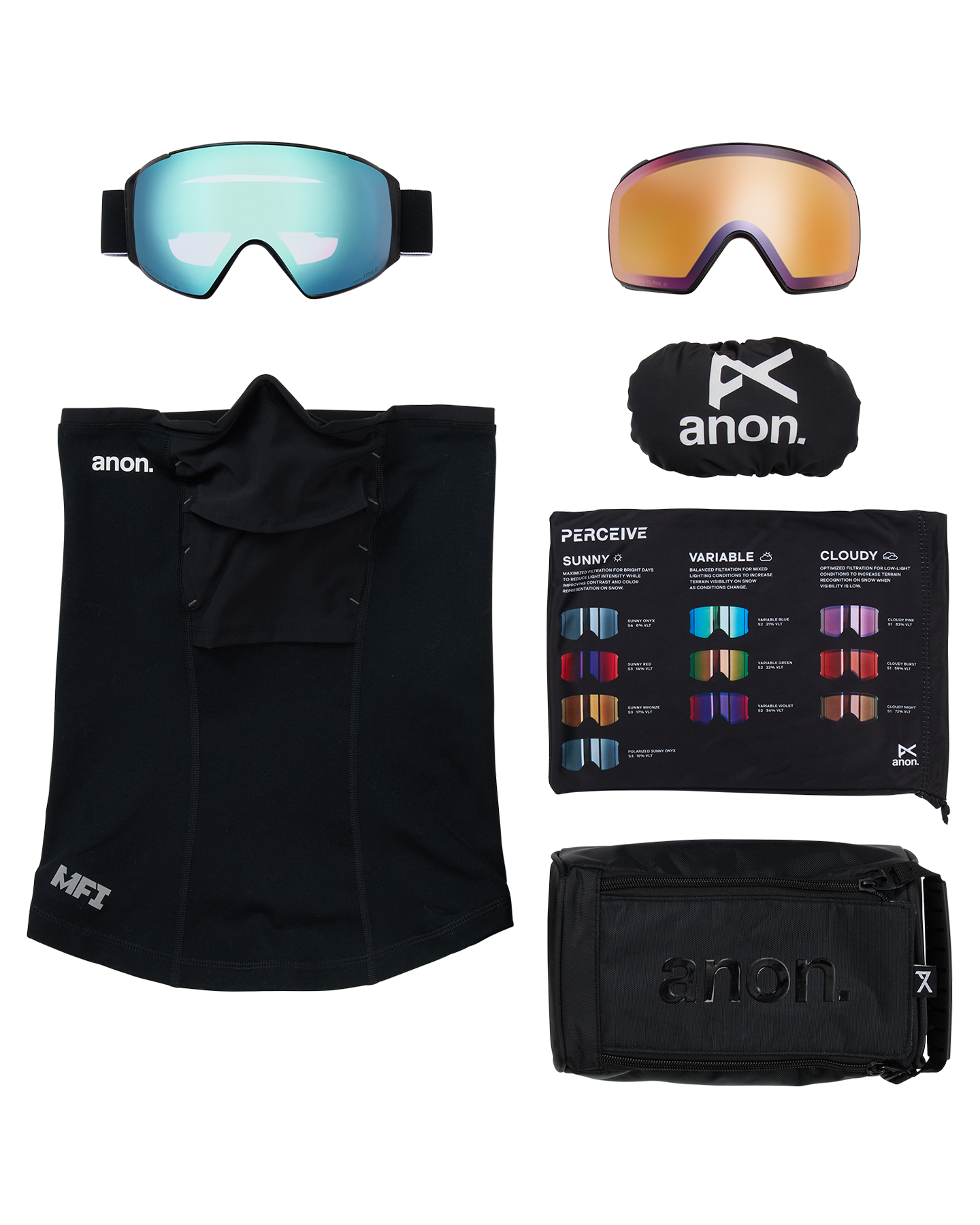 Anon M4S (Toric) Snow Goggles + Bonus Lens + MFI® Face Mask - Black/Perceive Variable Blue Unisex Snow Goggles - Trojan Wake Ski Snow