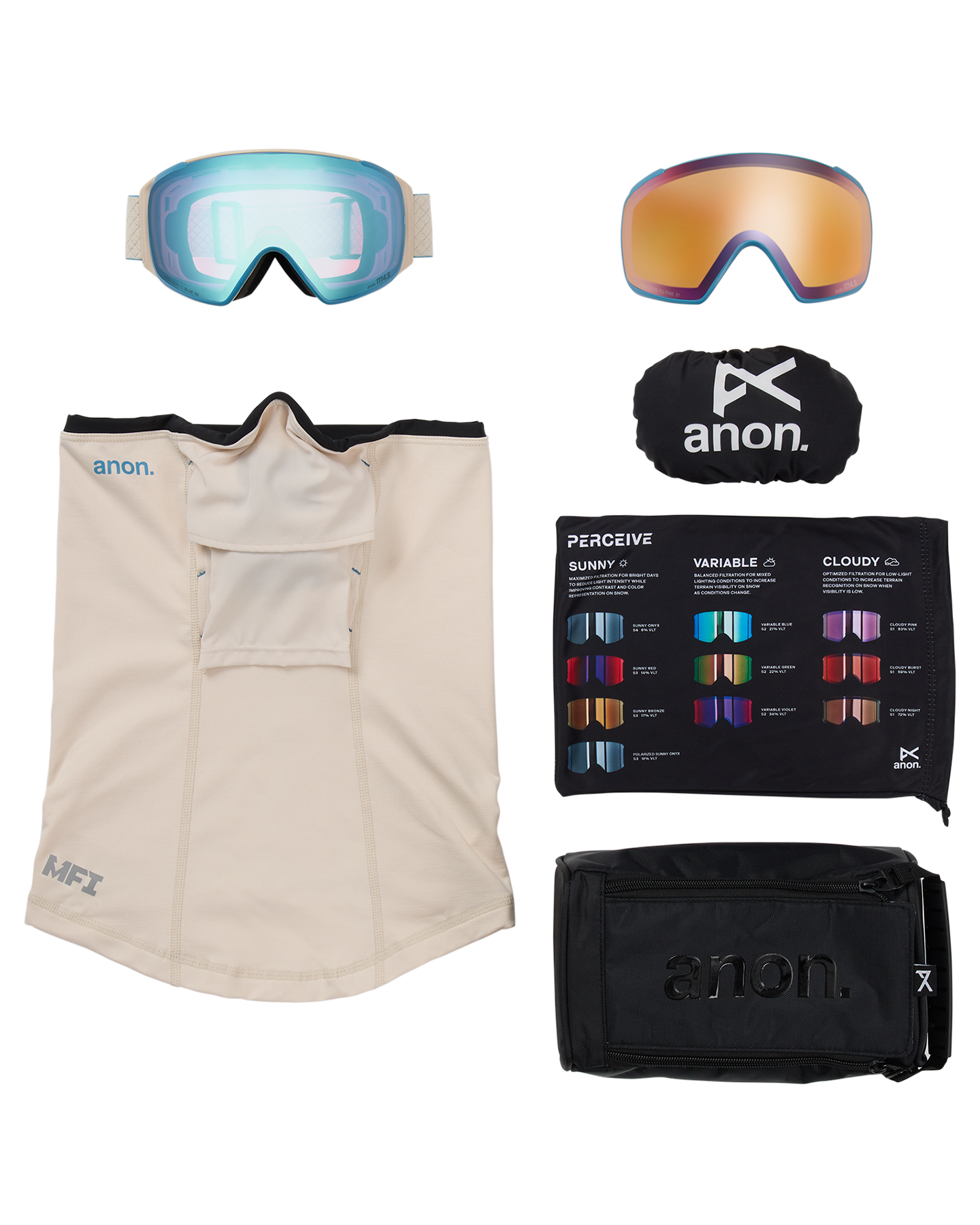 Anon M4S (Toric) Snow Goggles + Bonus Lens + MFI® Face Mask - Oat/Perceive Variable Blue Unisex Snow Goggles - Trojan Wake Ski Snow