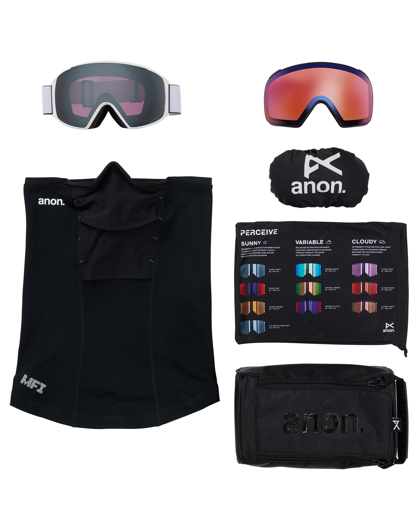 Anon M4S (Toric) Snow Goggles + Bonus Lens + MFI® Face Mask - White/Perceive Sunny Onyx Unisex Snow Goggles - Trojan Wake Ski Snow