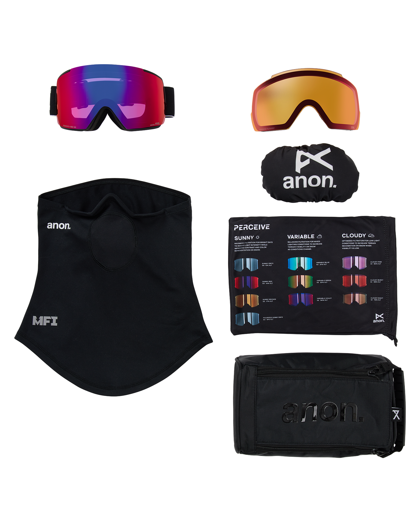 Anon M5 Low Bridge Snow Goggles + Bonus Lens + MFI® Face Mask - Black/Perceive Sunny Red Unisex Snow Goggles - Trojan Wake Ski Snow