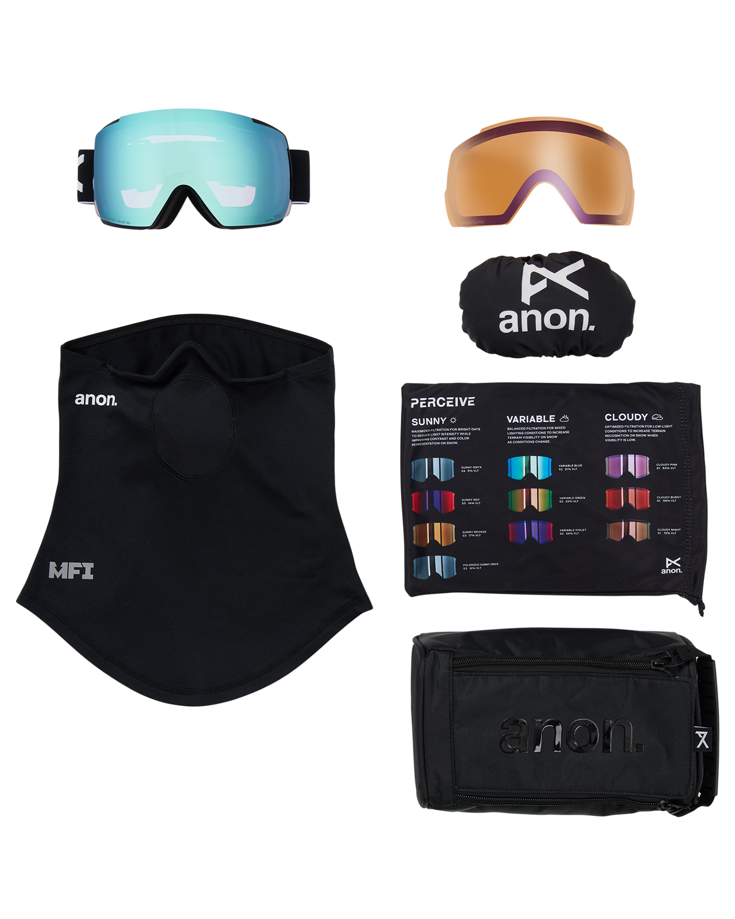 Anon M5 Snow Goggles + Bonus Lens + MFI® Face Mask - Black/Perceive Variable Blue Unisex Snow Goggles - Trojan Wake Ski Snow