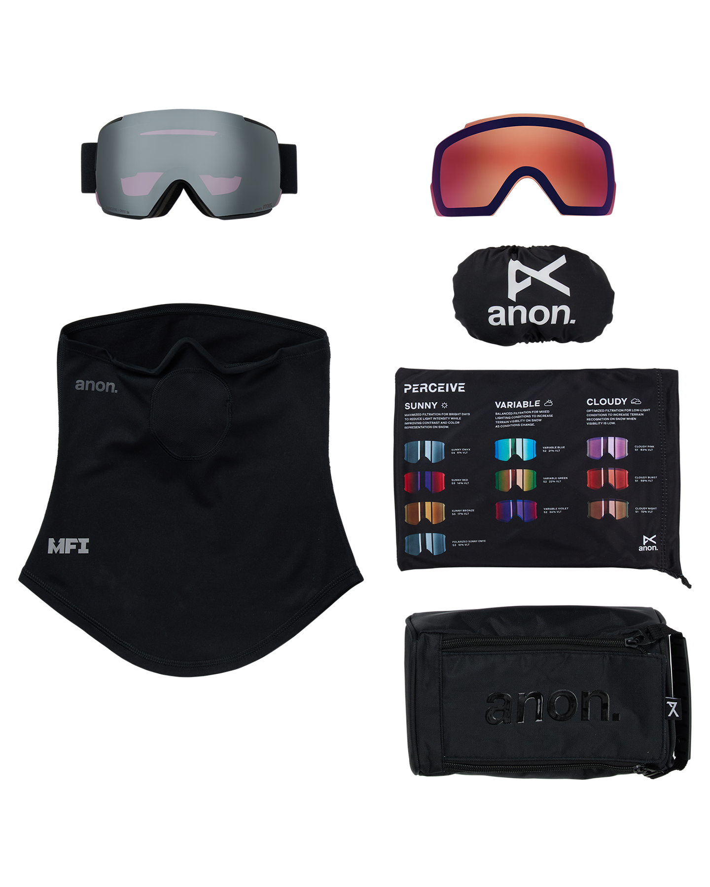 Anon M5 Low Bridge Snow Goggles + Bonus Lens + MFI® Face Mask - Smoke/Perceive Sunny Onyx Unisex Snow Goggles - Trojan Wake Ski Snow