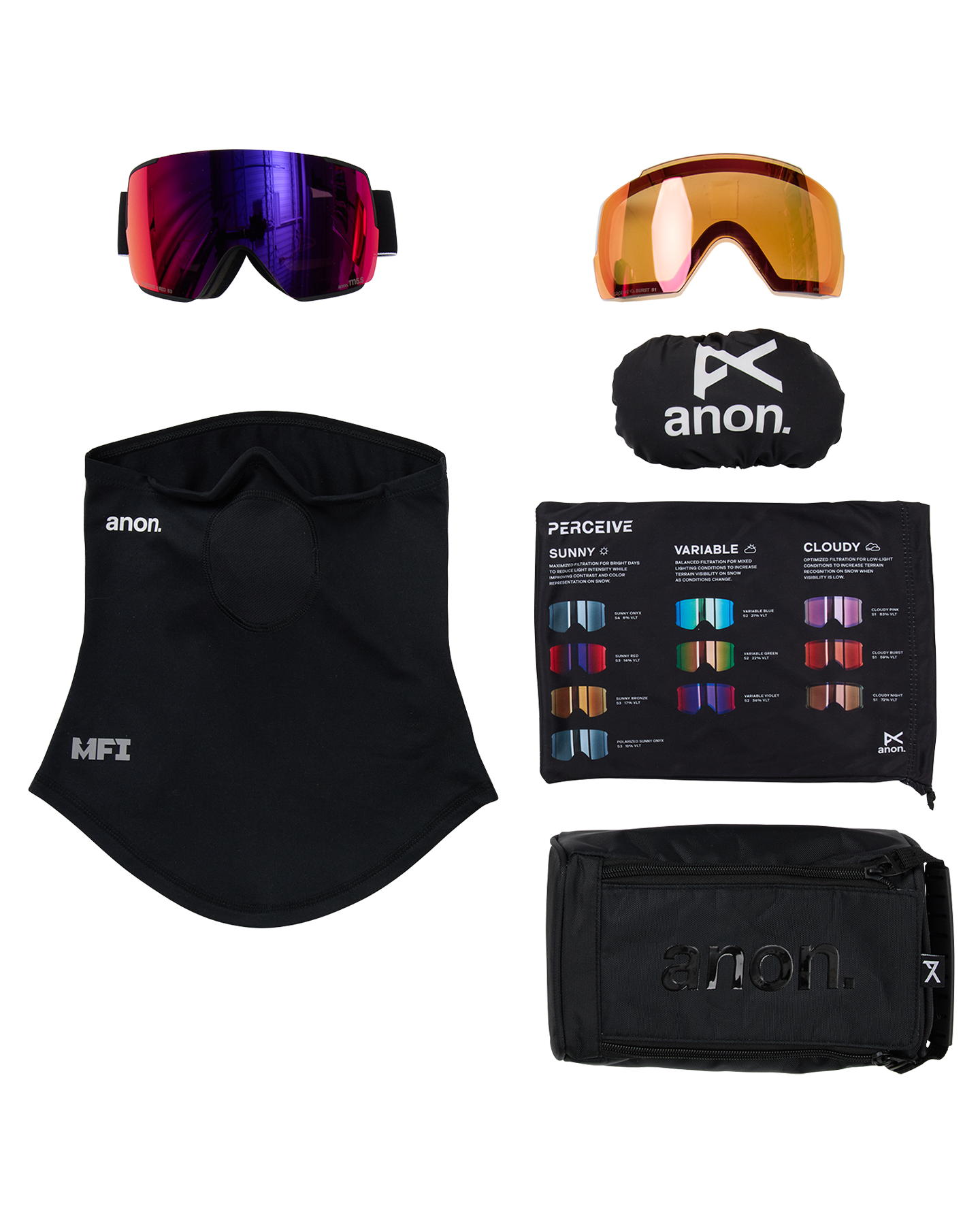 Anon M5S Low Bridge Snow Goggles + Bonus Lens + MFI® Face Mask - Black/Perceive Sunny Red Unisex Snow Goggles - Trojan Wake Ski Snow