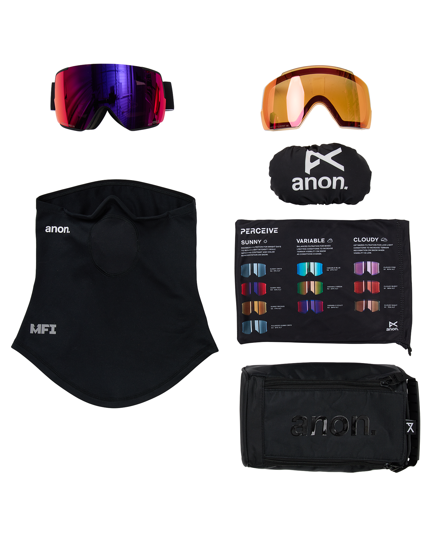 Anon M5S Snow Goggles + Bonus Lens + MFI® Face Mask - Black/Perceive Sunny Red Unisex Snow Goggles - Trojan Wake Ski Snow