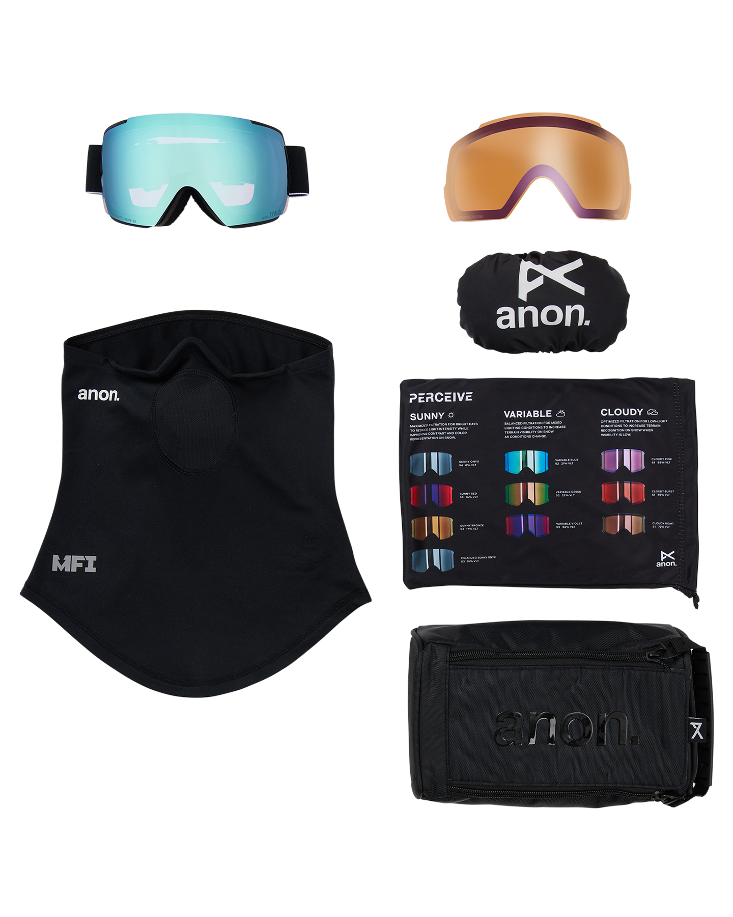 Anon M5S Snow Goggles + Bonus Lens + MFI® Face Mask - Black/Perceive Variable Blue Unisex Snow Goggles - Trojan Wake Ski Snow