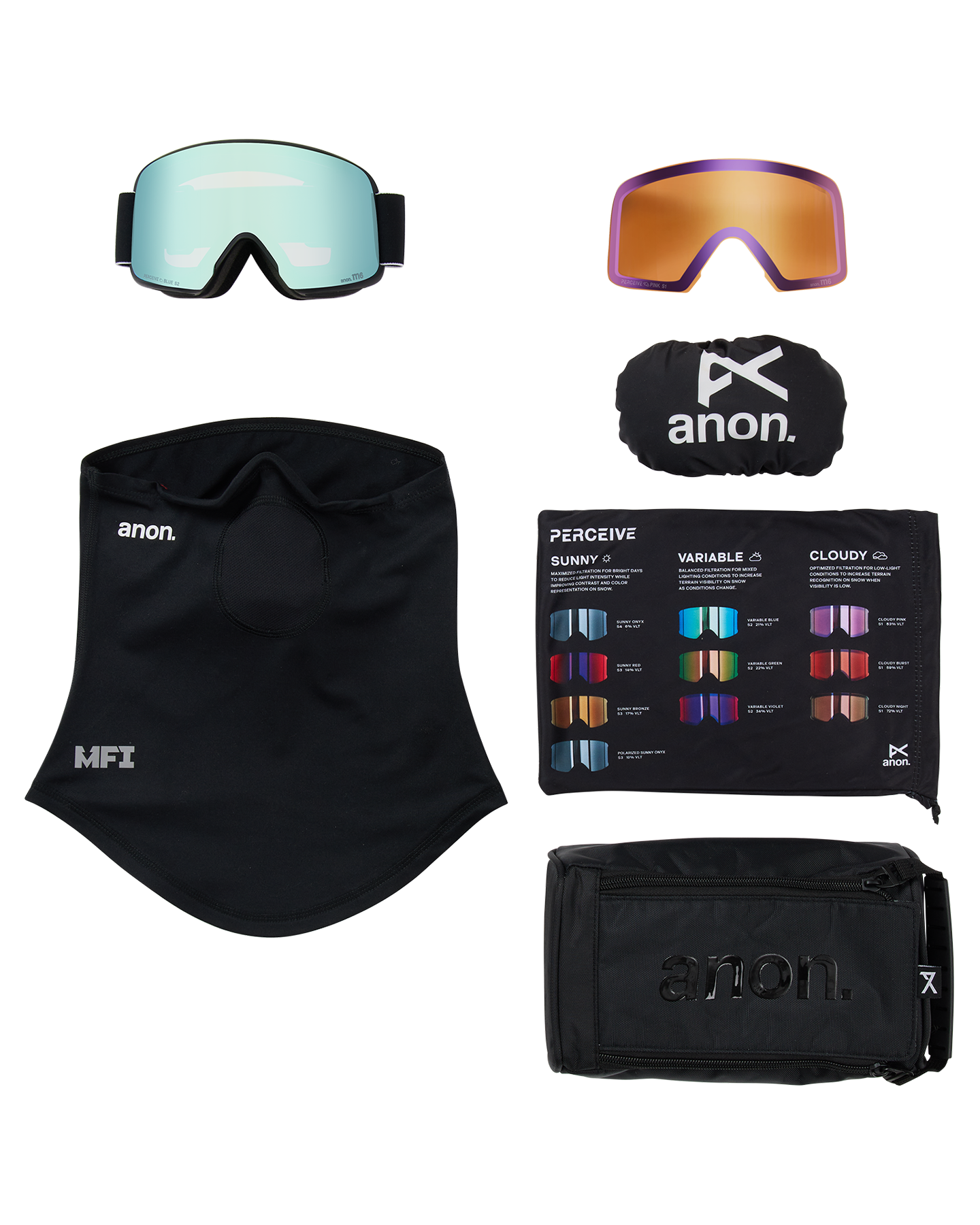 Anon M6 Low Bridge Snow Goggles + Bonus Lens + MFI® Face Mask - Black/Perceive Variable Blue Unisex Snow Goggles - Trojan Wake Ski Snow