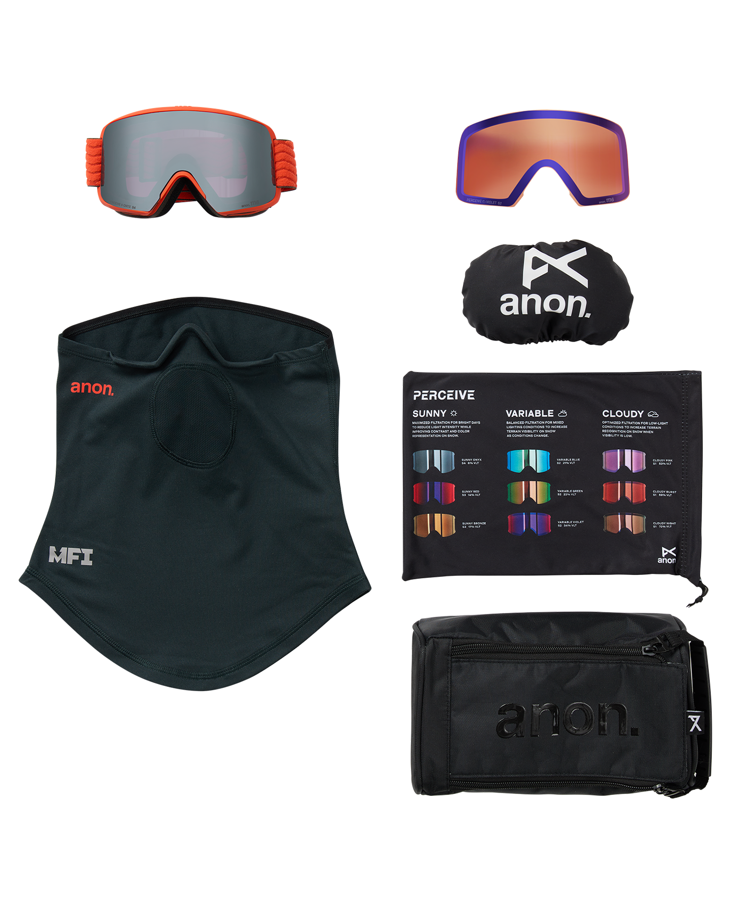 Anon M6 Low Bridge Snow Goggles + Bonus Lens + MFI® Face Mask - Fiesta Red/Perceive Sunny Onyx Unisex Snow Goggles - Trojan Wake Ski Snow