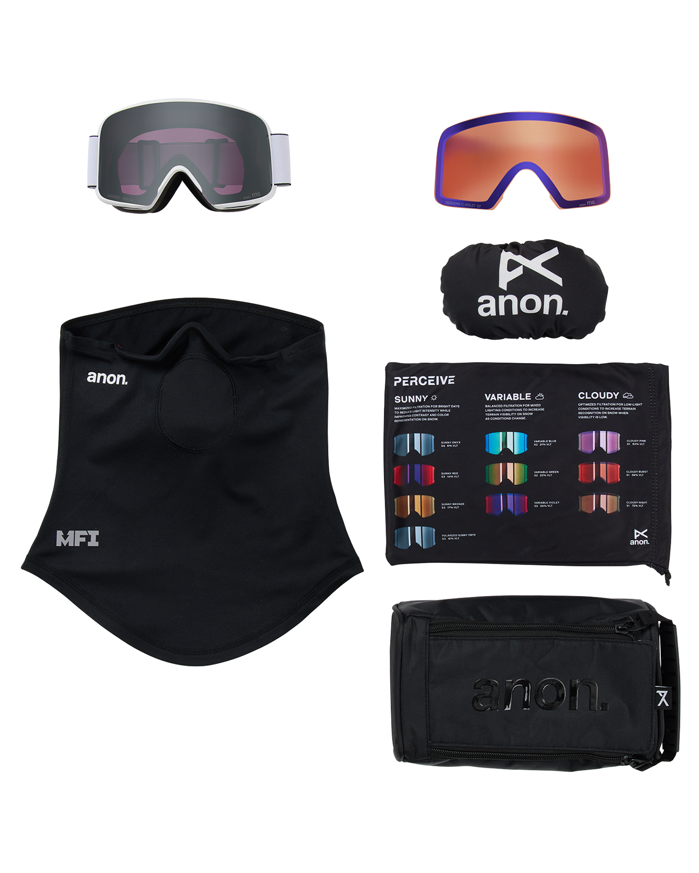 Anon M6 Low Bridge Snow Goggles + Bonus Lens + MFI® Face Mask - White/Perceive Sunny Onyx Unisex Snow Goggles - Trojan Wake Ski Snow