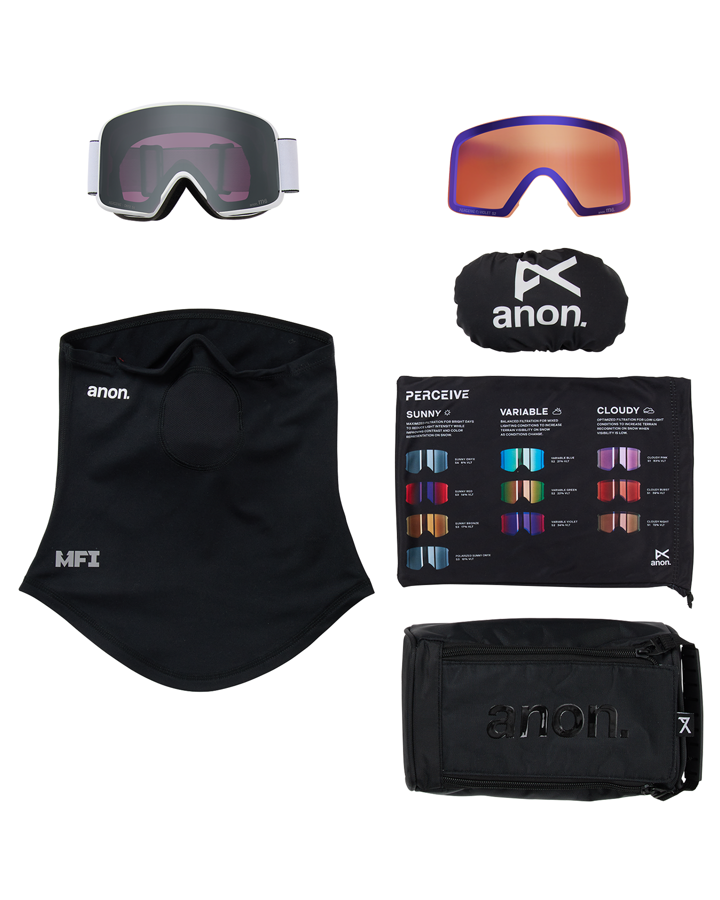 Anon M6 Snow Goggles + Bonus Lens + MFI® Face Mask - White/Perceive Sunny Onyx Unisex Snow Goggles - Trojan Wake Ski Snow