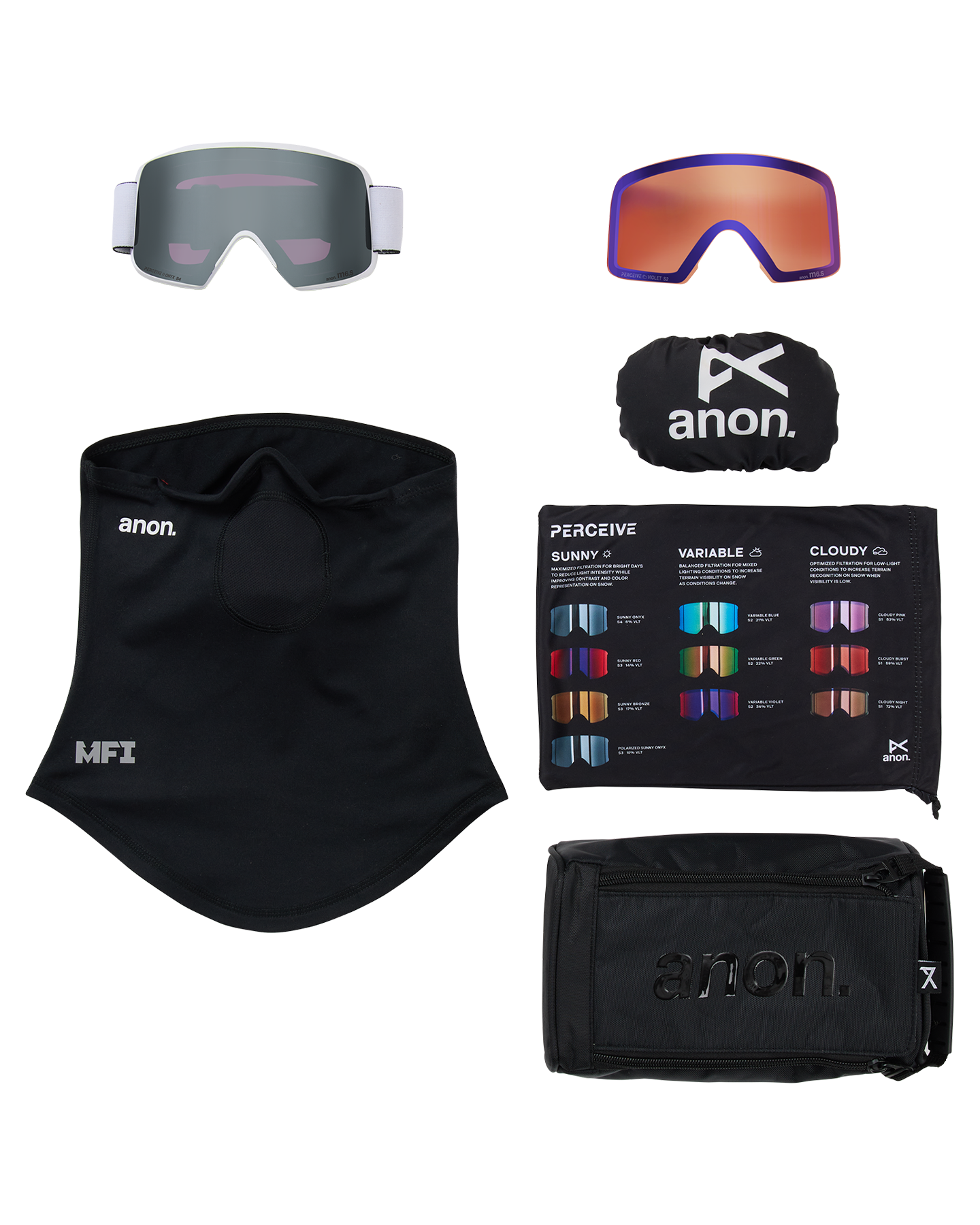 Anon M6S Low Bridge Snow Goggles + Bonus Lens + MFI® Face Mask - White/Perceive Sunny Onyx Unisex Snow Goggles - Trojan Wake Ski Snow