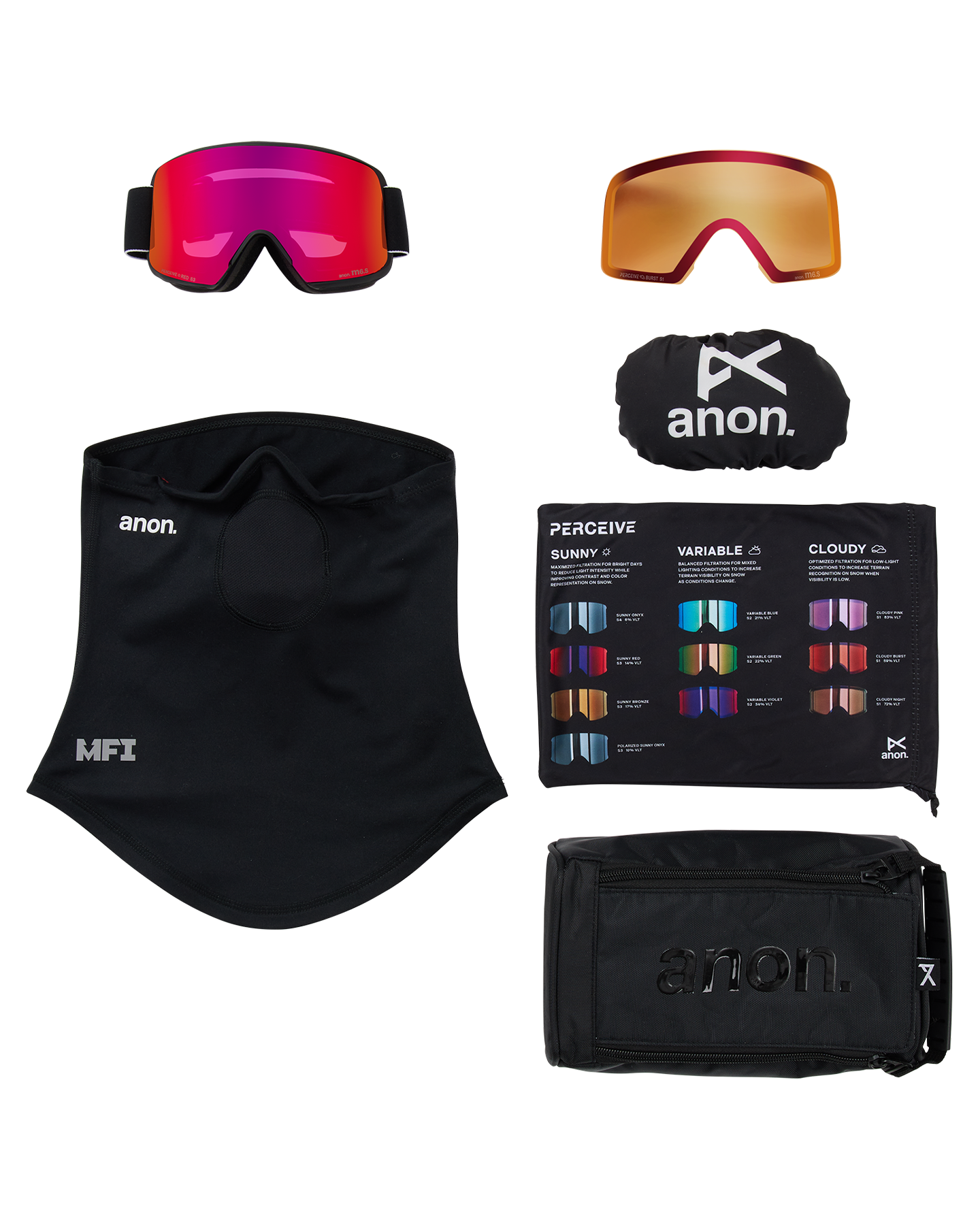 Anon M6S Snow Goggles + Bonus Lens + MFI® Face Mask - Black/Perceive Sunny Red Unisex Snow Goggles - Trojan Wake Ski Snow