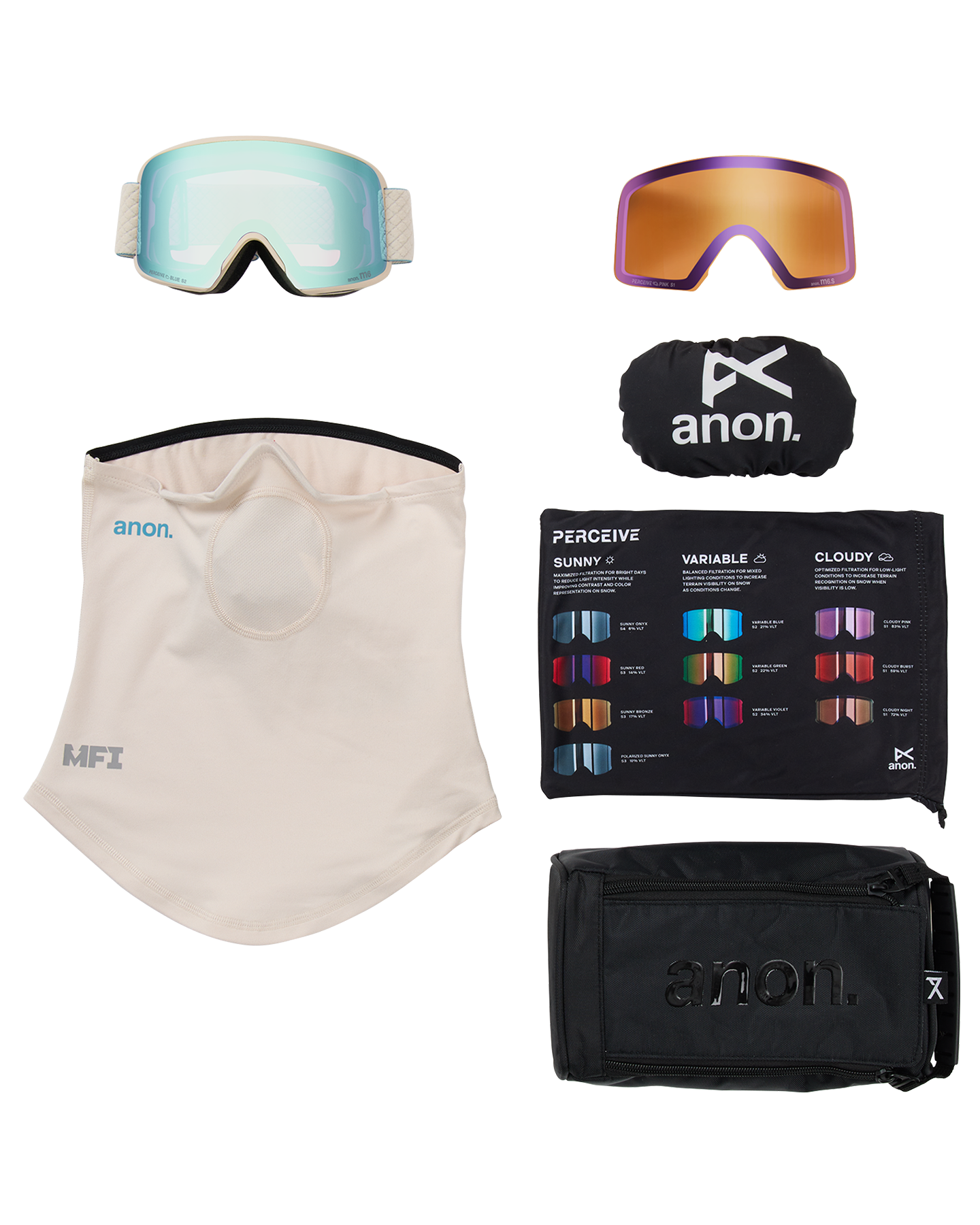 Anon M6S Snow Goggles + Bonus Lens + MFI® Face Mask - Oat/Perceive Variable Blue Unisex Snow Goggles - Trojan Wake Ski Snow