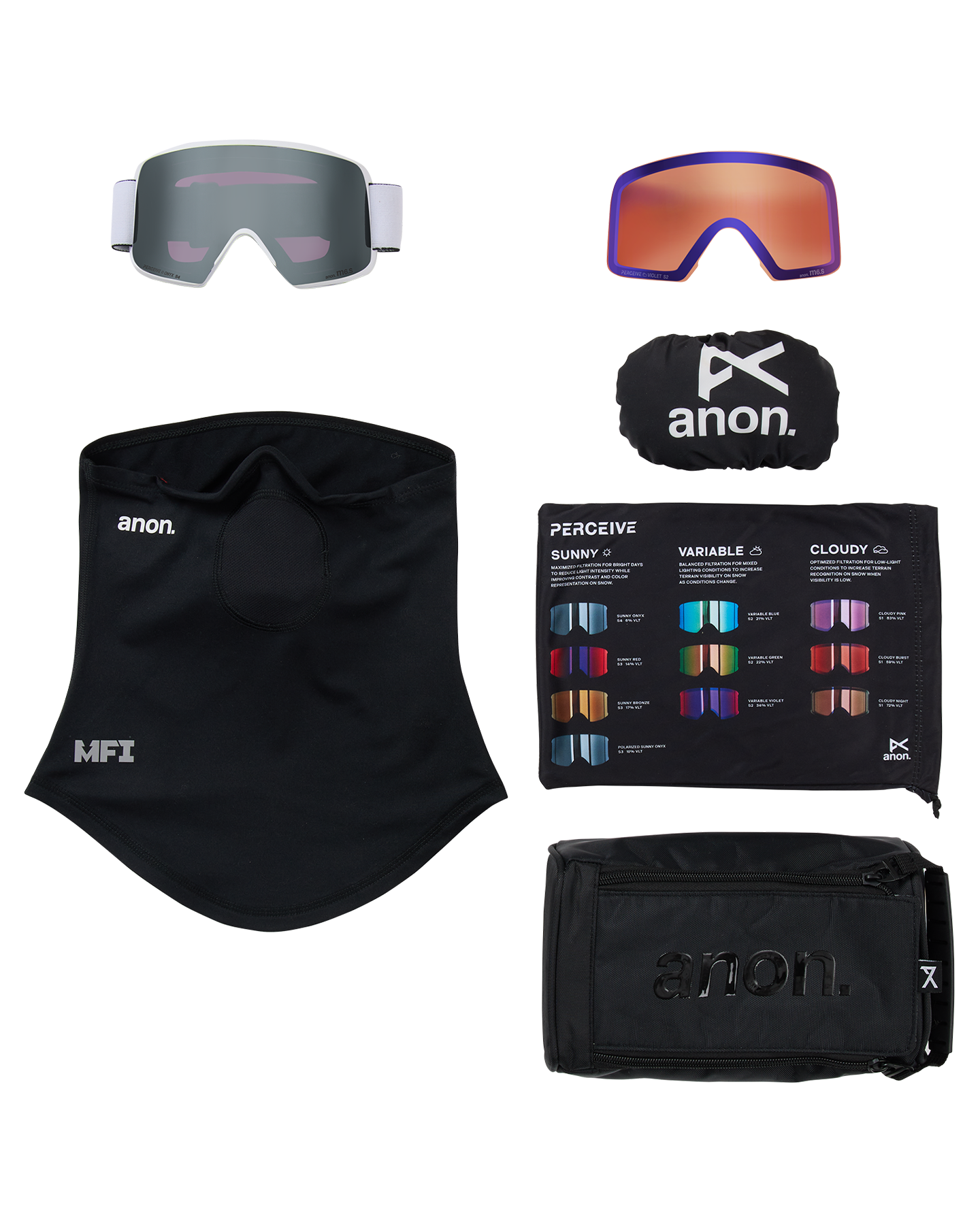 Anon M6S Snow Goggles + Bonus Lens + MFI® Face Mask - White/Perceive Sunny Onyx Unisex Snow Goggles - Trojan Wake Ski Snow
