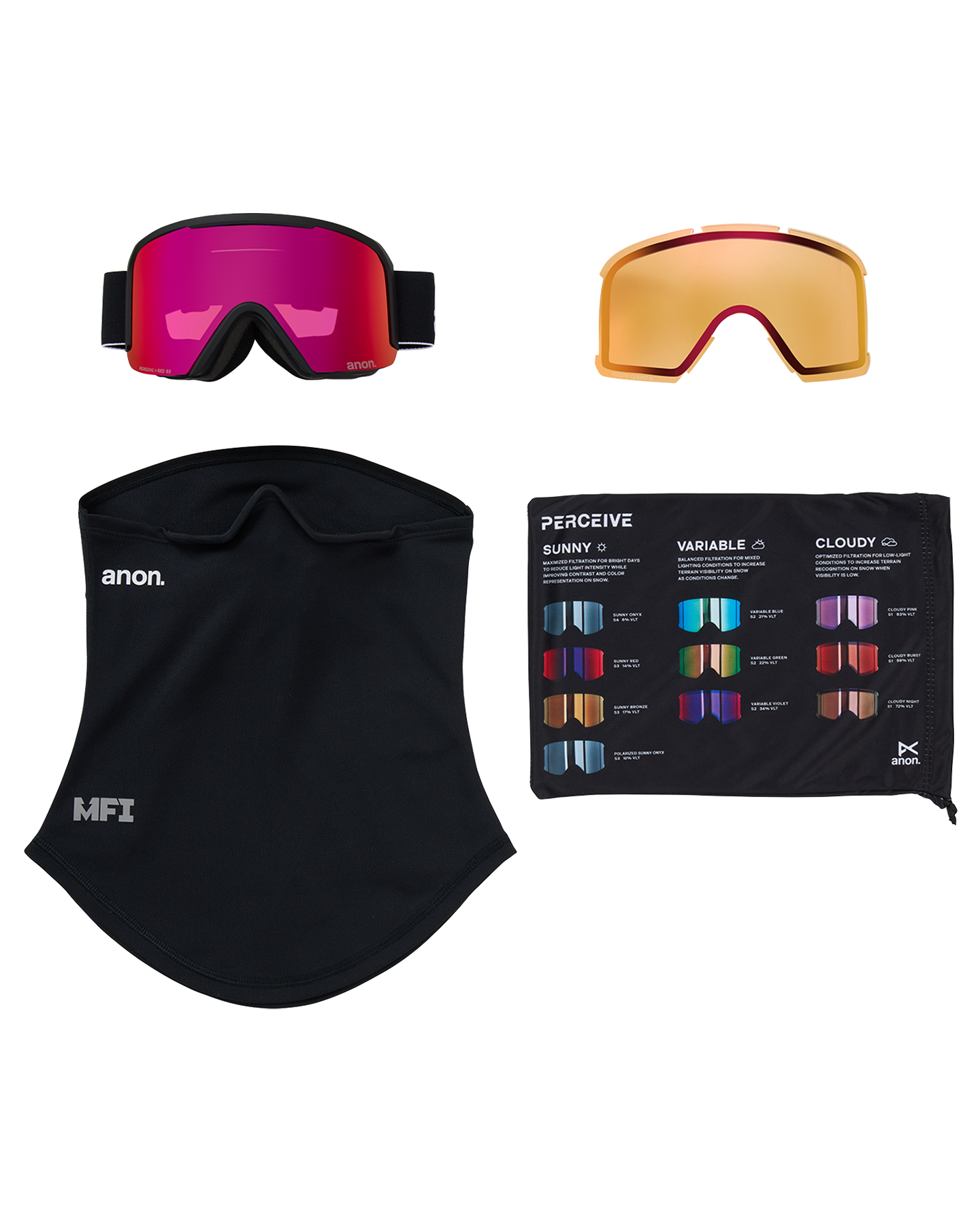 Anon Nesa Low Bridge Snow Goggles + Bonus Lens + MFI® Face Mask - Black/Perceive Sunny Red Unisex Snow Goggles - Trojan Wake Ski Snow