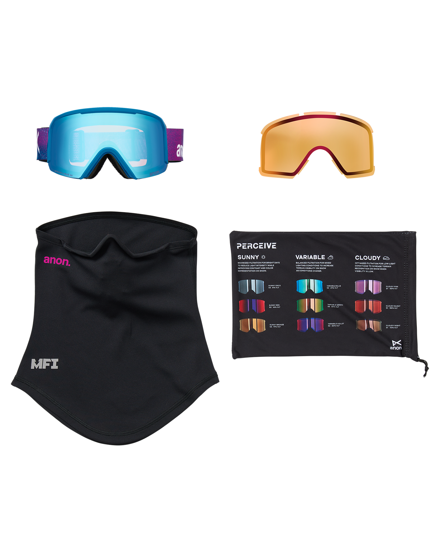 Anon Nesa Low Bridge Snow Goggles + Bonus Lens + MFI® Face Mask - Pink Denim/Perceive Variable Blue Unisex Snow Goggles - Trojan Wake Ski Snow