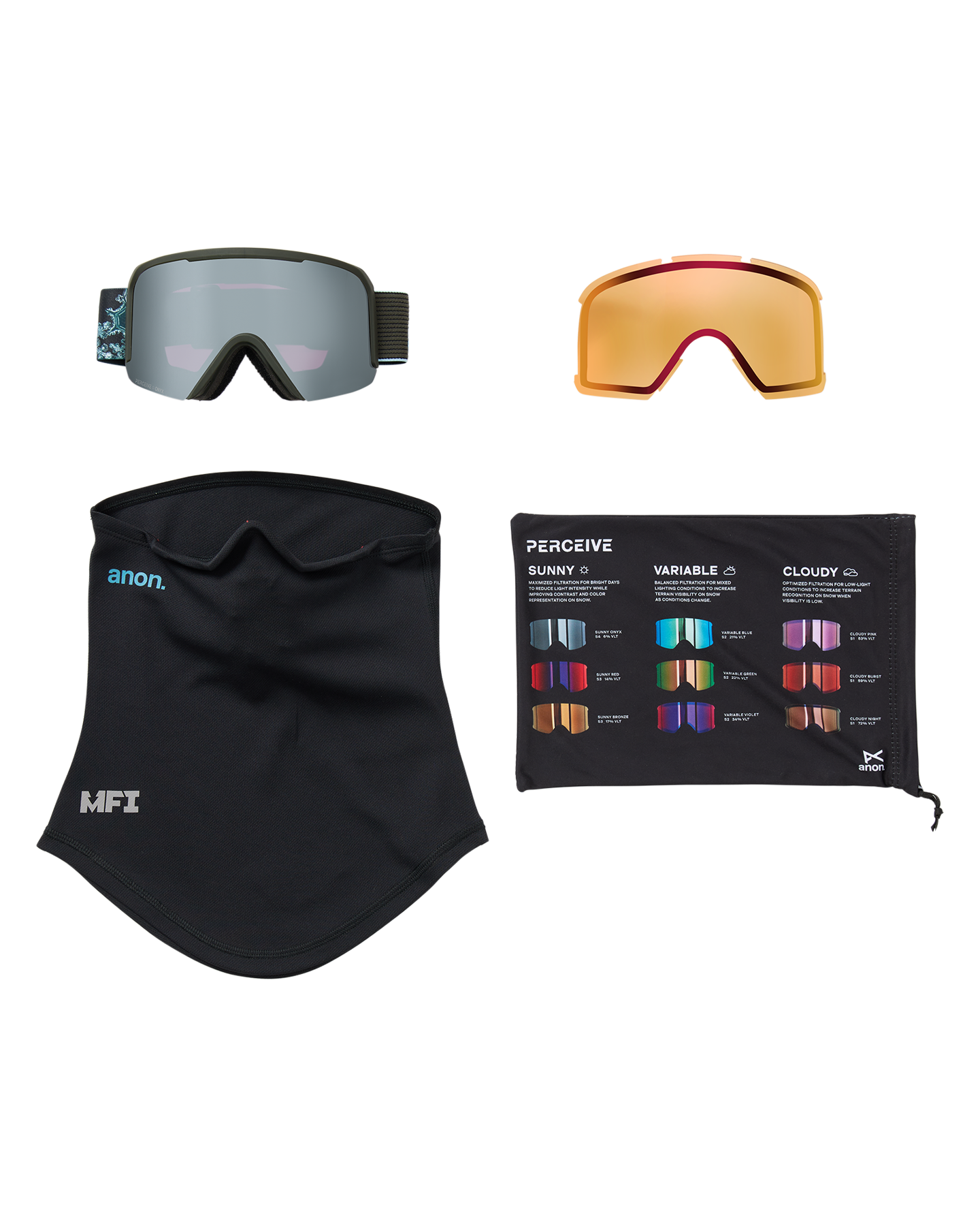 Anon Nesa Snow Goggles + Bonus Lens + MFI® Face Mask - Snow Flurry/Perceive Sunny Onyx Unisex Snow Goggles - Trojan Wake Ski Snow