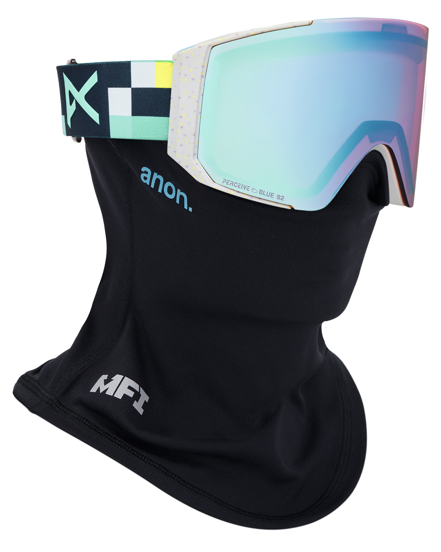 Anon Sync Low Bridge Snow Goggles + Bonus Lens + MFI® Face Mask - Pixel/Perceive Variable Blue Unisex Snow Goggles - Trojan Wake Ski Snow