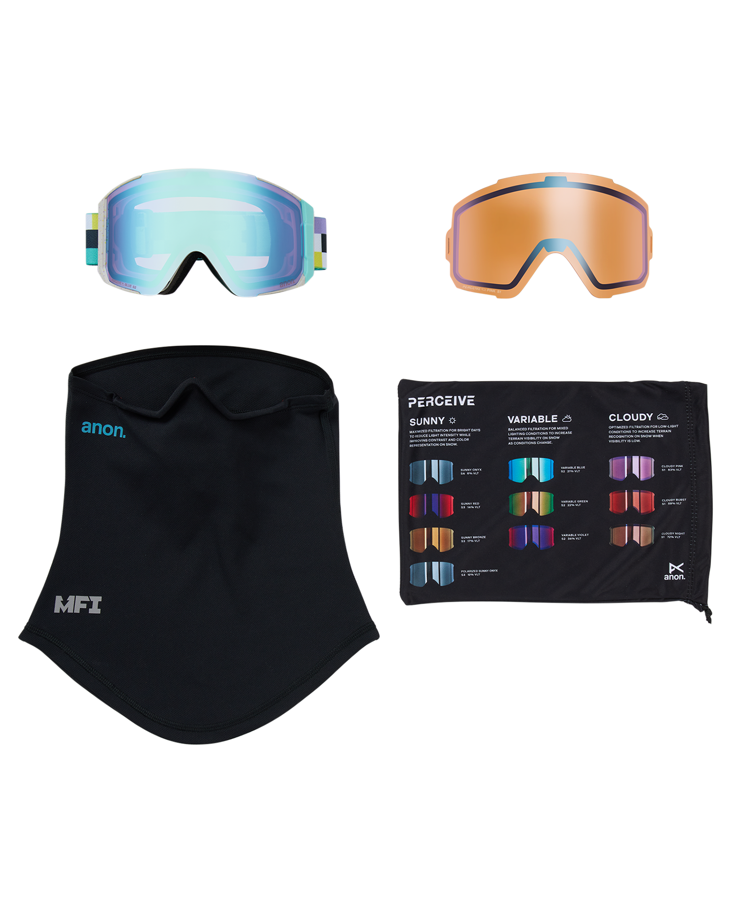 Anon Sync Low Bridge Snow Goggles + Bonus Lens + MFI® Face Mask - Pixel/Perceive Variable Blue Unisex Snow Goggles - Trojan Wake Ski Snow