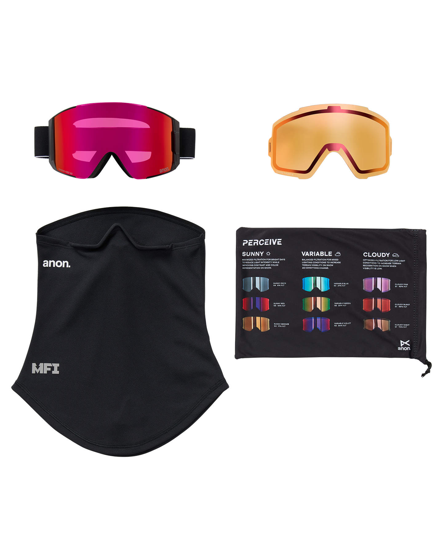 Anon Sync Snow Goggles + Bonus Lens + MFI® Face Mask - Black/Perceive Sunny Red Unisex Snow Goggles - Trojan Wake Ski Snow