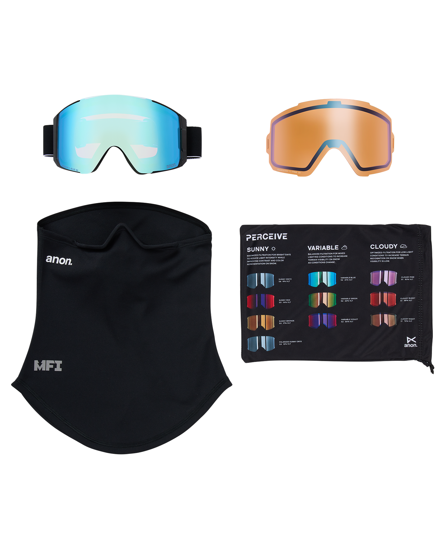 Anon Sync Snow Goggles + Bonus Lens + MFI® Face Mask - Black/Perceive Variable Blue Unisex Snow Goggles - Trojan Wake Ski Snow