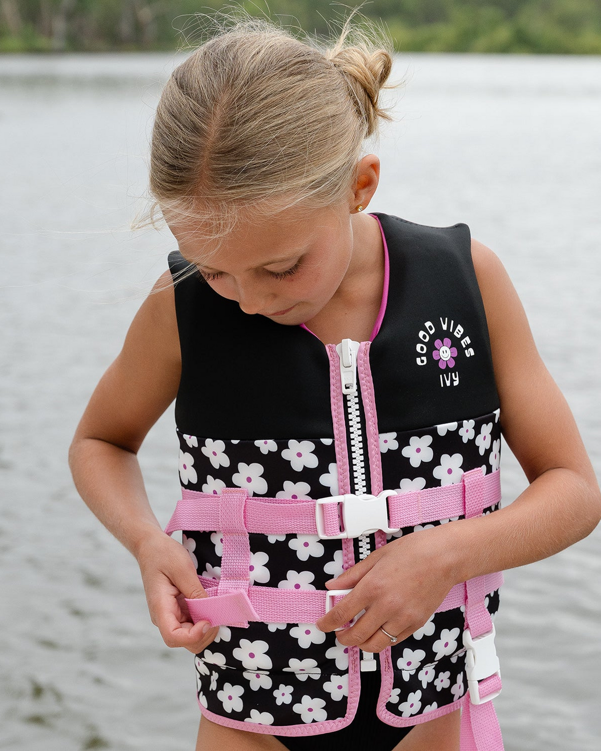 Ivy Junior Girls Vest - Black Flowers