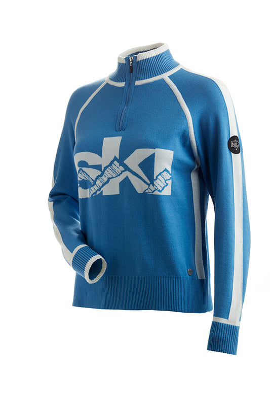 Nils Women's Ski 1/4 Zip Sweater - Glacier Blue/White Women's Sweaters - Trojan Wake Ski Snow