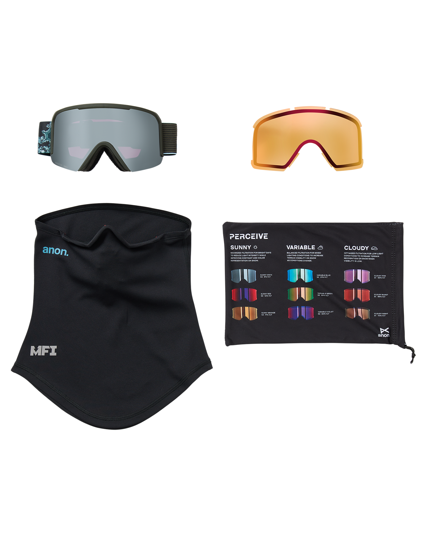 Anon Nesa Low Bridge Snow Goggles + Bonus Lens + MFI® Face Mask - Snow Flurry/Perceive Sunny Onyx Unisex Snow Goggles - Trojan Wake Ski Snow