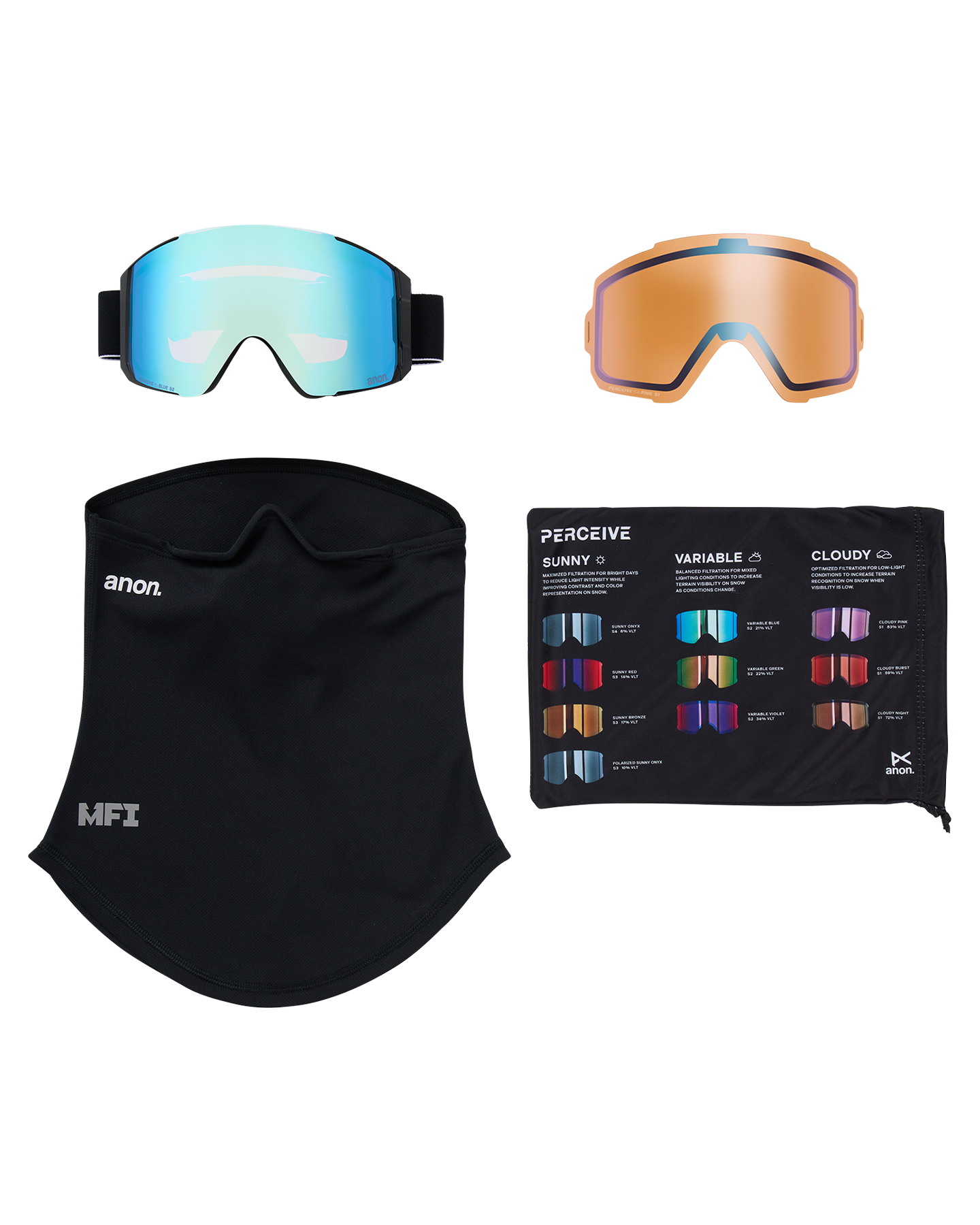 Anon Sync Low Bridge Snow Goggles + Bonus Lens + MFI® Face Mask - Black/Perceive Variable Blue Unisex Snow Goggles - Trojan Wake Ski Snow