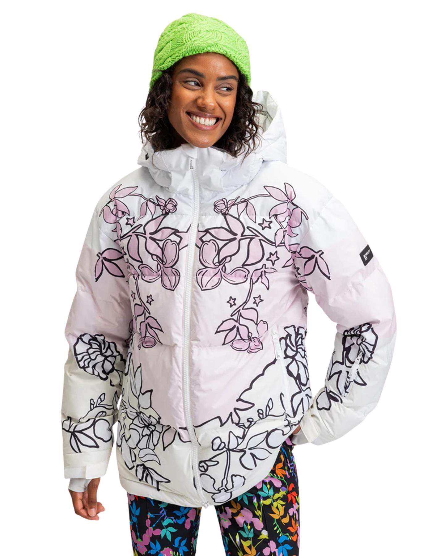 Roxy X Rowley Women's Technical Puffer Snow Jacket - Bright White / Laurel Floral Women's Snow Jackets - Trojan Wake Ski Snow