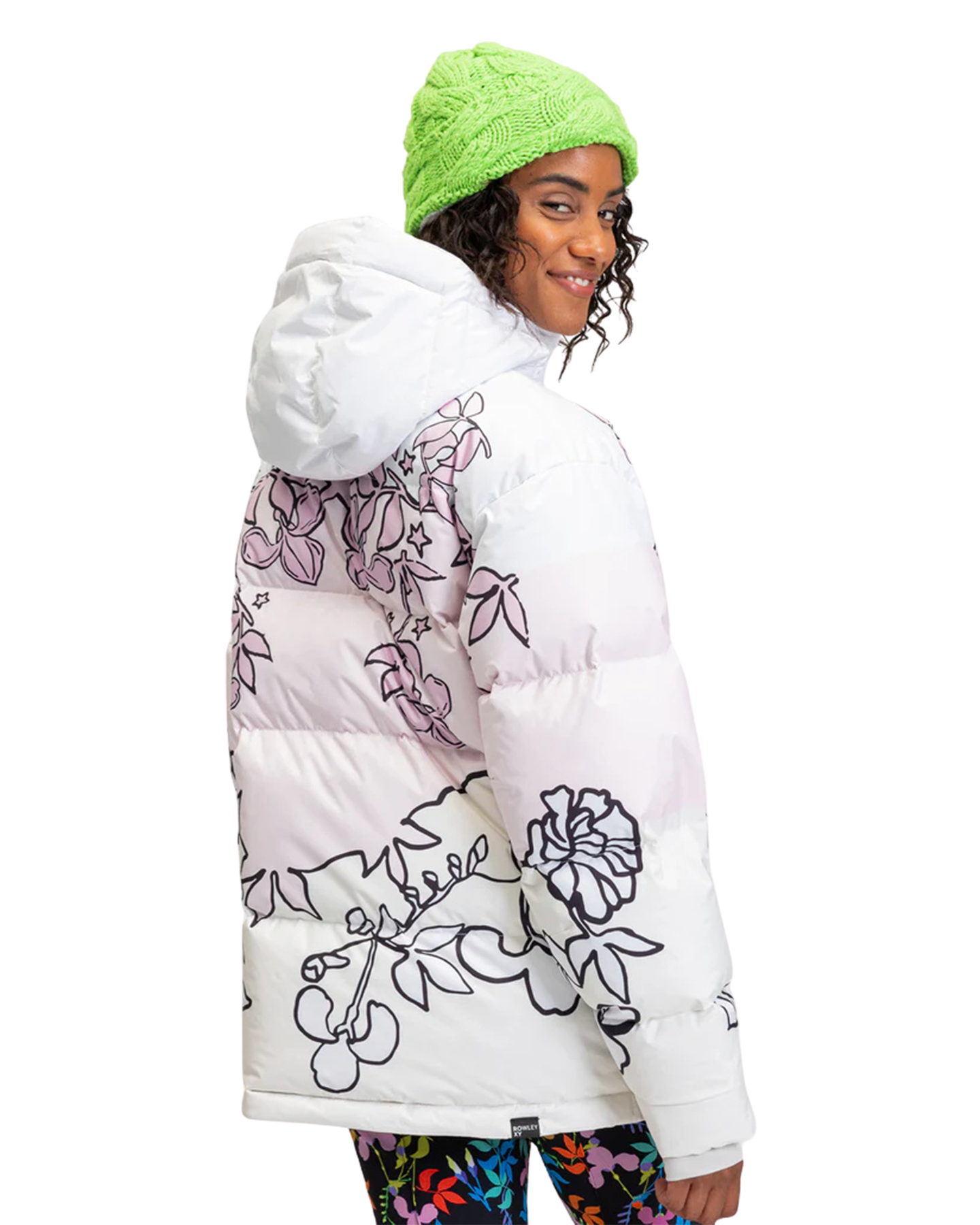 Roxy X Rowley Women's Technical Puffer Snow Jacket - Bright White / Laurel Floral Women's Snow Jackets - Trojan Wake Ski Snow