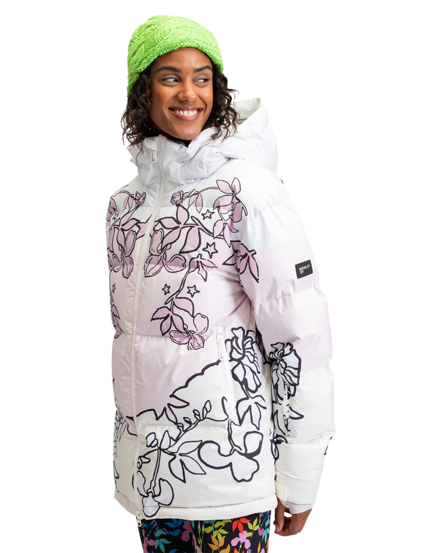 Roxy X Rowley Women's Technical Puffer Snow Jacket - Bright White / Laurel Floral Women's Snow Jackets - Trojan Wake Ski Snow